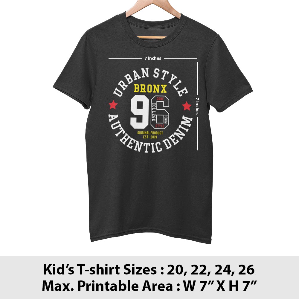 Print area guide, kids t-shirt front, sizes 20 to 26