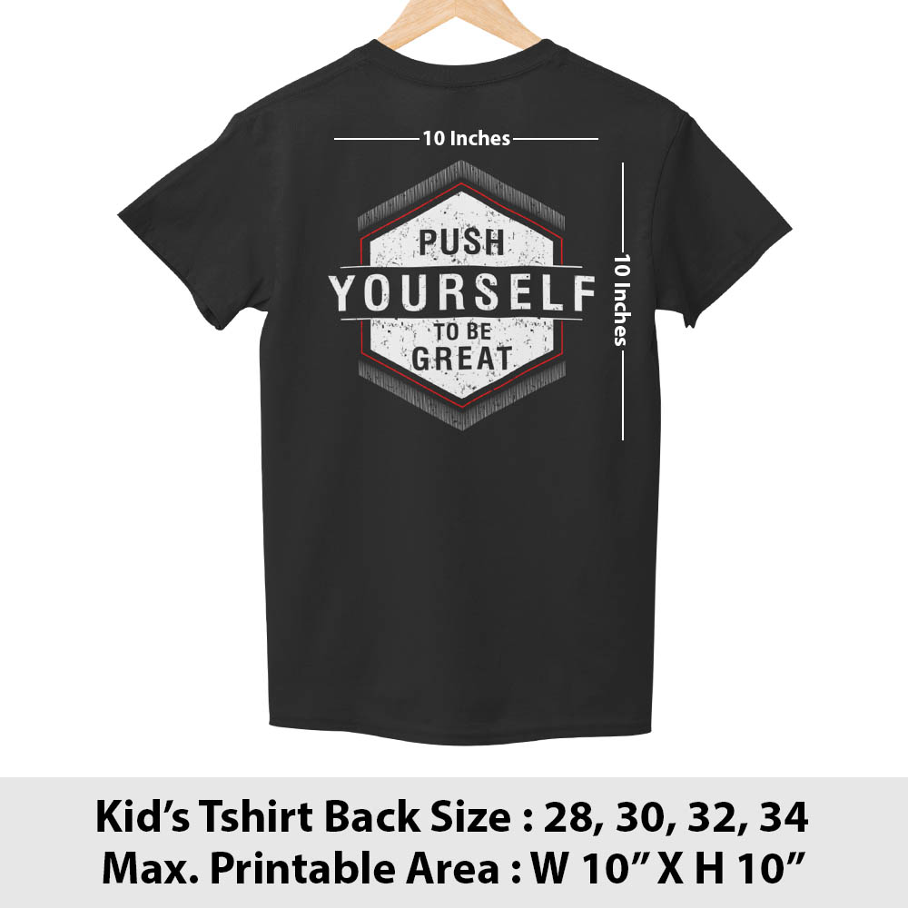Print area guide, kids t-shirt back, sizes 28 to 36