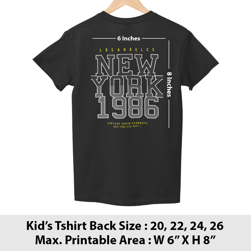 Print area guide, kids t-shirt back, sizes 20 to 26