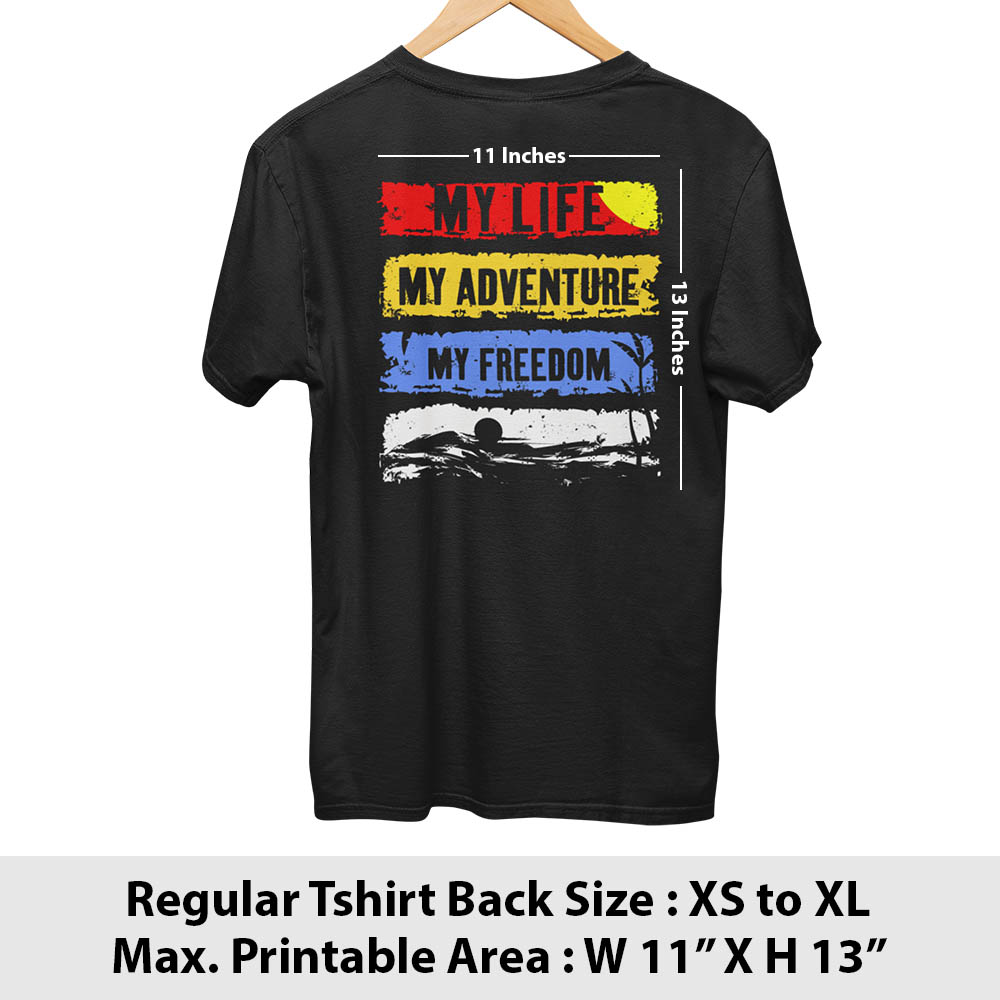Print area guide, back print, sizes XS to XL
