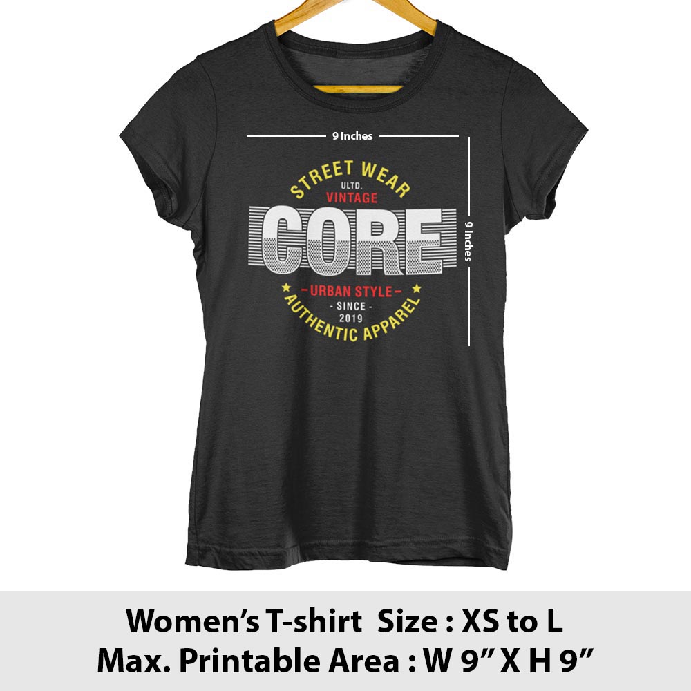 Print area guide, women's t-shirt front, larger sizes