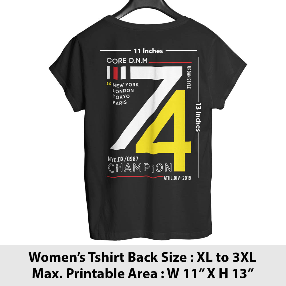 Print area guide, women's t-shirt back, sizes XL to 3XL