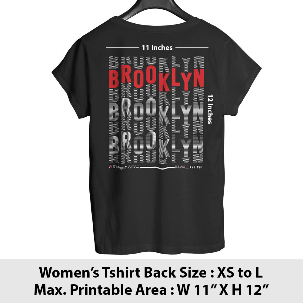 Print area guide, women's t-shirt back, sizes XS to L